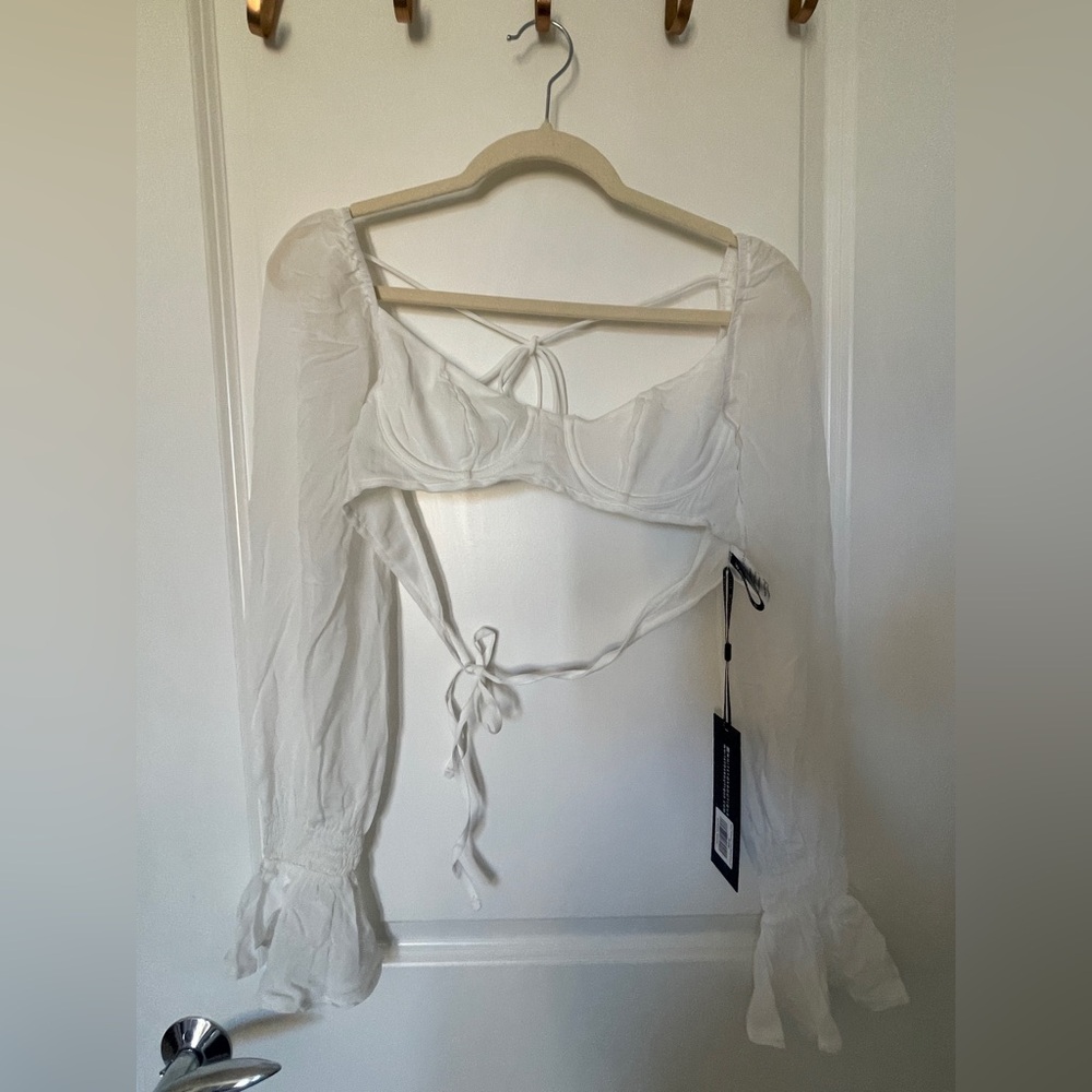 NWT White Fox Sheer Perfection Long Sleeve Crop, size XS, white
